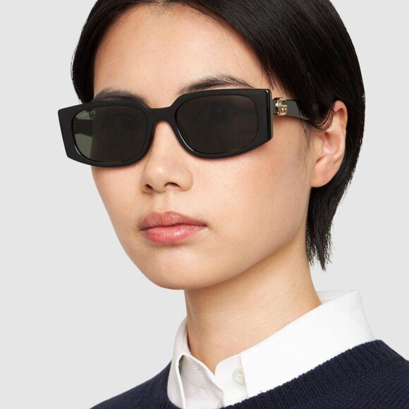 NEW GUCCI SUNGLASSES, AUTHENTIC BLACK GEOMETRIC GUCCI WOMEN EYWEAR - Picture 1 of 14